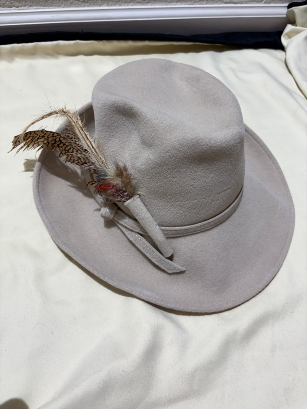 Neutral Beige Felt Fedora Hat with Feather Accent